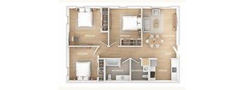 A floor plan of a house with three bedrooms, two bathrooms, a living room, a kitchen, and an entry.