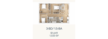 A 3 bedroom, 1.5 bathroom apartment is listed for $1,649 per month.