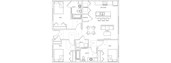 A floor plan of a house with labeled rooms such as Bath, Laundry, Kitchen, Bed, and Pantry.