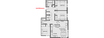 A floor plan of an apartment with a living room, two bedrooms, a kitchen, and a bathroom.