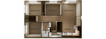 A diagram of a house layout with three bedrooms, a living room, a kitchen, and two bathrooms.