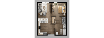 A floor plan of a small apartment with a living room, kitchen, bathroom, and bedroom.