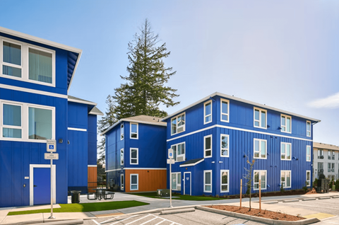 A blue building with a tree in front of it.
