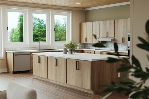A kitchen with wooden cabinets and a white countertop.