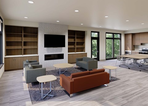A modern living room with a fireplace and a television.