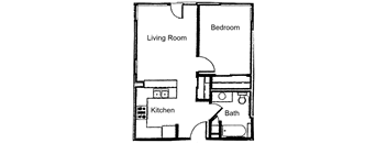 a floor plan of a living room with a bathroom and a kitchen