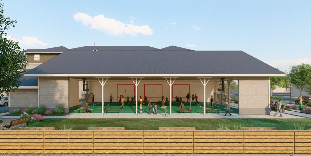 a rendering of a building with a pool and people in it