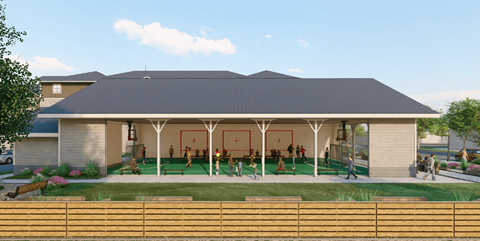 a rendering of a building with a pool and people in it