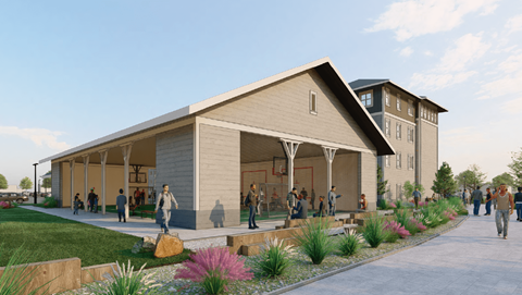 a rendering of a building with people standing outside of it