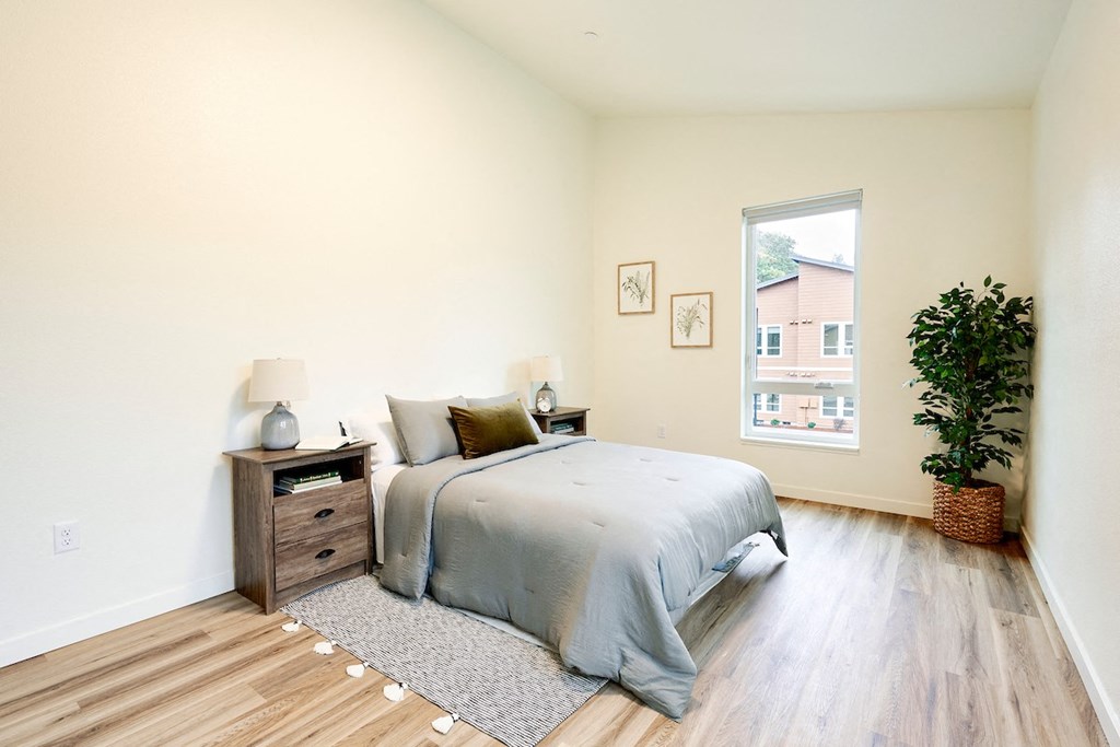 a bedroom with a bed and a window