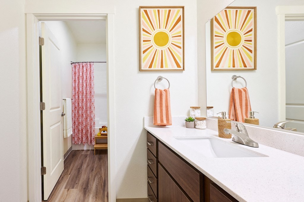 a bathroom with a sink and a mirror