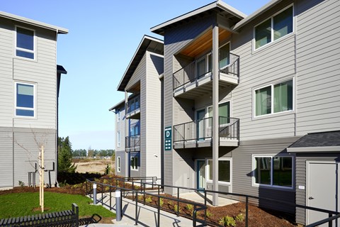 a view of a building with stairs in front of it