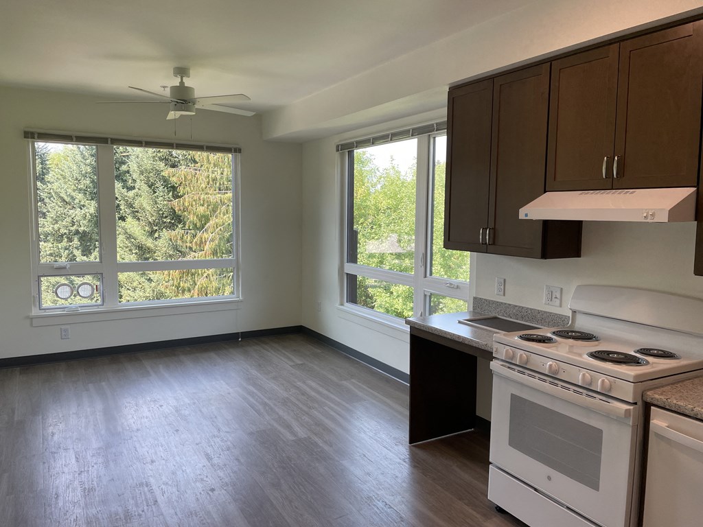 an empty kitchen with a stove and a window