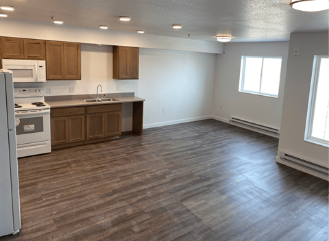 an empty kitchen and living room with wood flooring