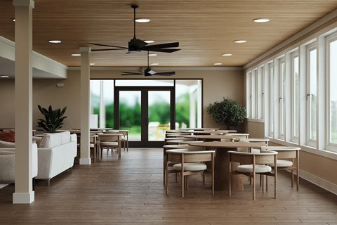 A modern dining room with a large table and chairs.