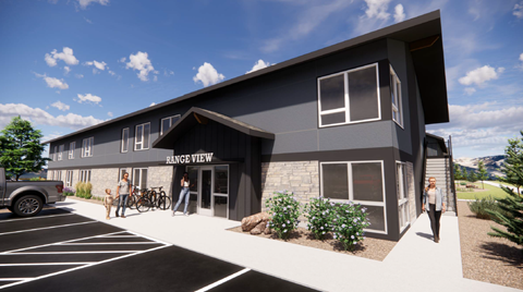 A rendering of a modern building with the name "RANGE VIEW" on the front.