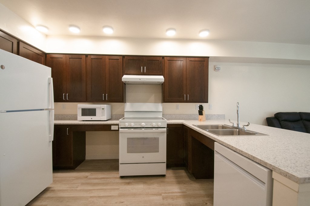 a kitchen with a stove and a sink and a refrigerator