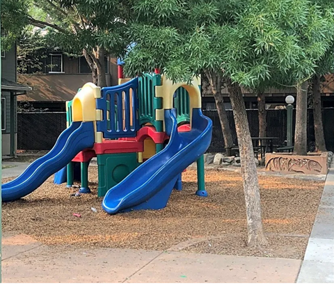 a playground with slides and trees in a park