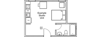 A drawing of a studio apartment with a living room, kitchen, and bathroom.