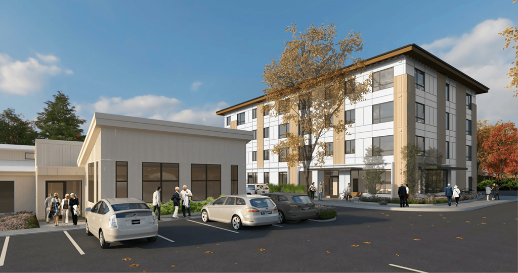 a rendering of the building with people walking around and cars parked in front of it