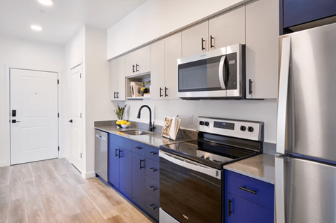 A modern kitchen with blue cabinets and stainless steel appliances.
