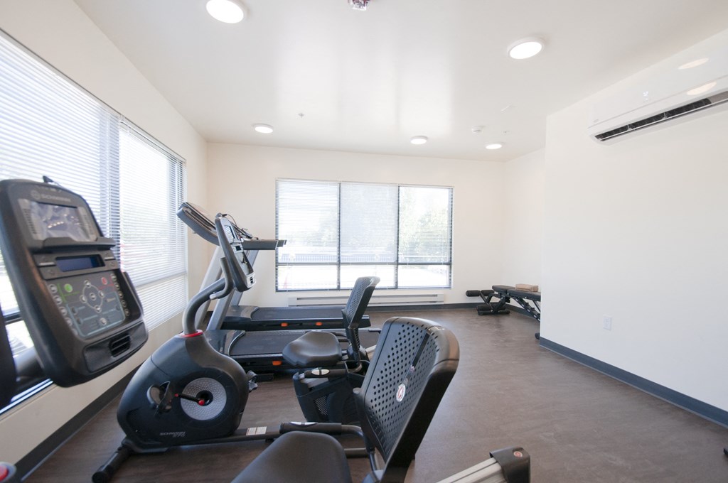 an exercise room with treadmills and other fitness equipment