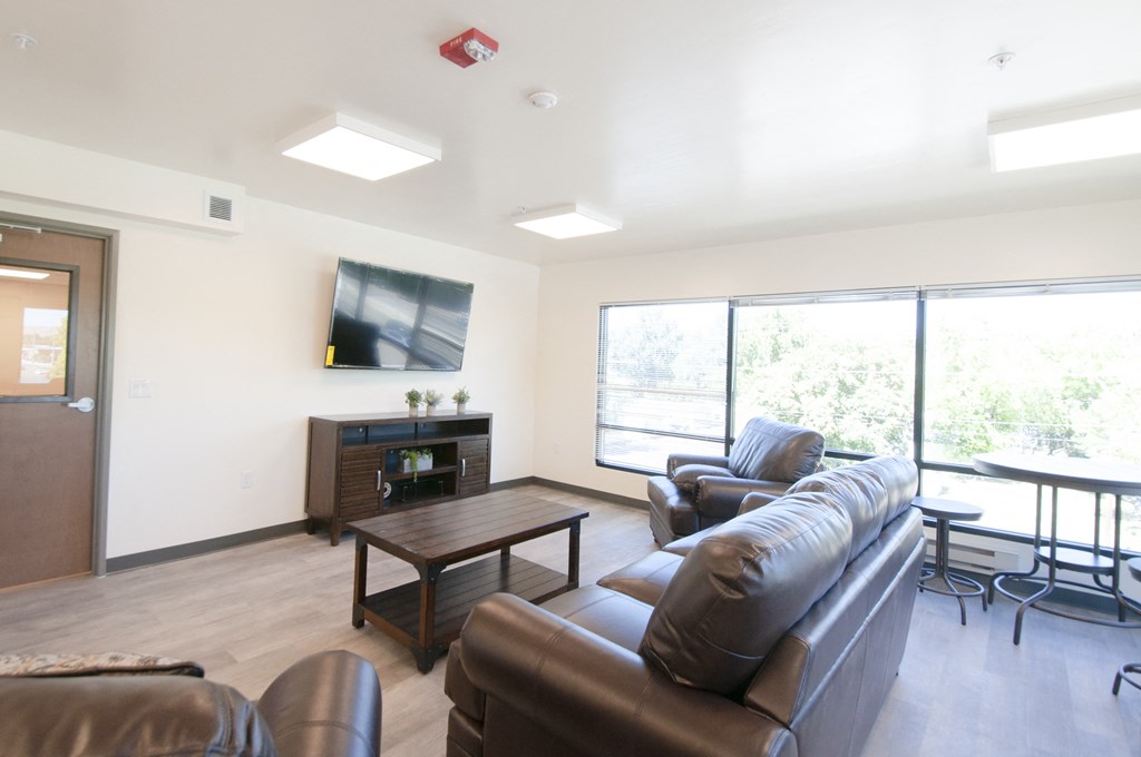 a living room with leather furniture and a television