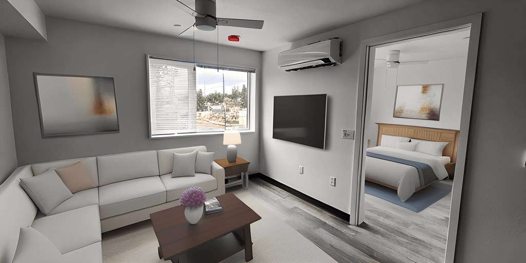 a rendering of a hotel room with a couch and a table