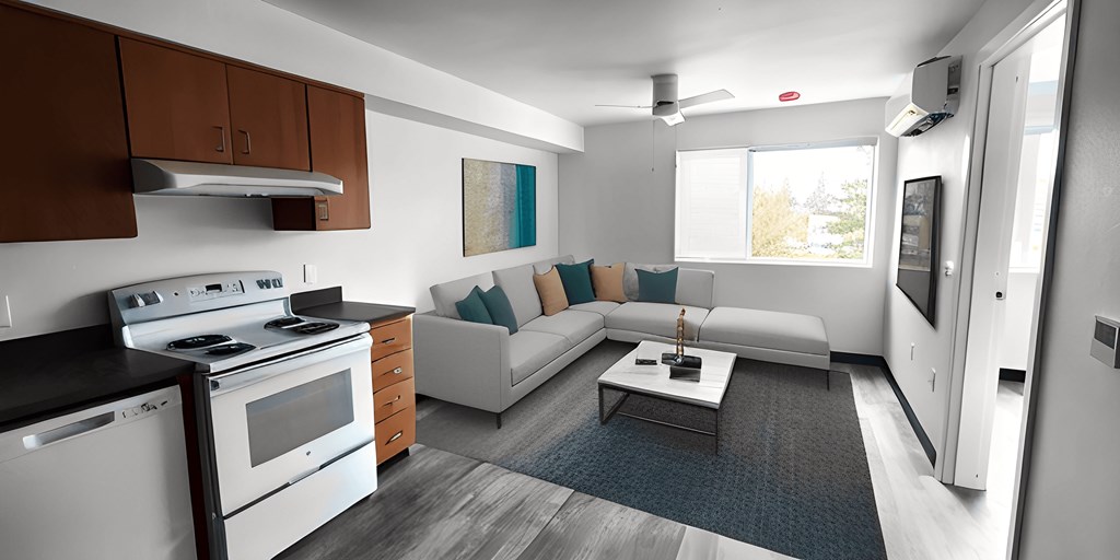 an artist rendering of a living room and kitchen in an apartment
