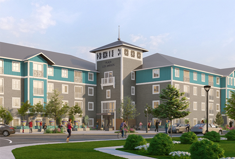a rendering of a building with people walking in front of it
