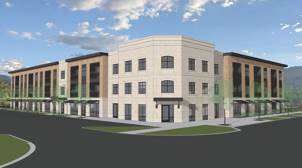 a rendering of a three story building with a street in front of it