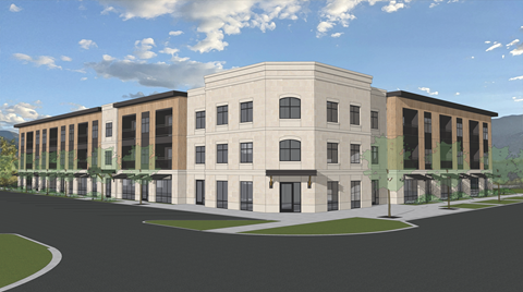 a rendering of a three story building with a street in front of it