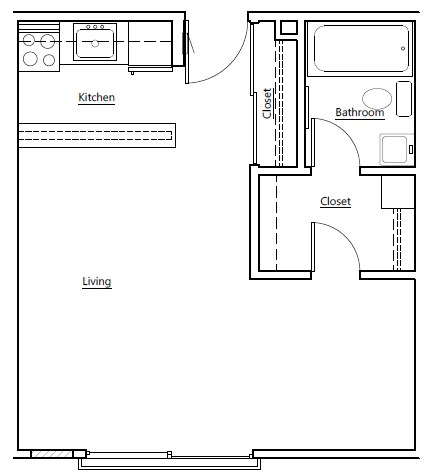 A floor plan of a house with a kitchen, bathroom, and living room.