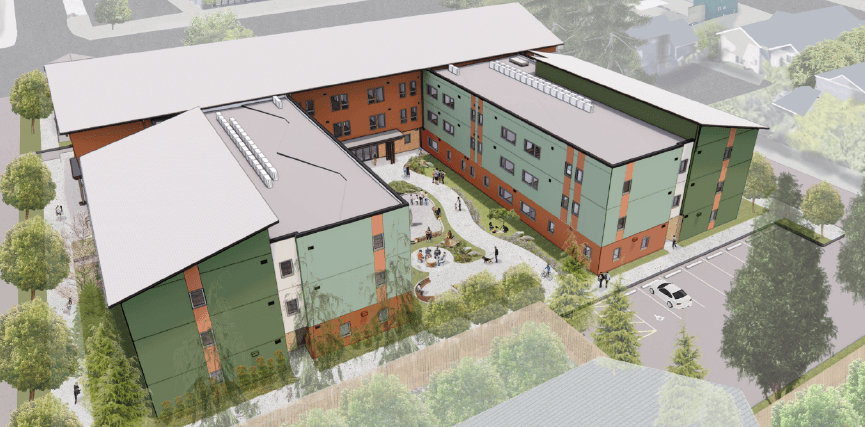 a rendering of a building with a roof over a street