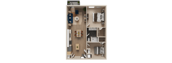 A detailed 3D floor plan of a small apartment layout.