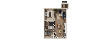 A detailed 3D floor plan of a small apartment layout.