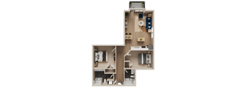 A detailed layout of a small apartment with a kitchen, living room, and bedroom.