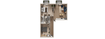 A detailed 3D floor plan of a small apartment.