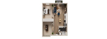 A top-down view of a small apartment with a kitchen, living room, and bedroom.