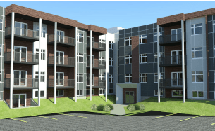 Apartment complex with a parking lot in front.