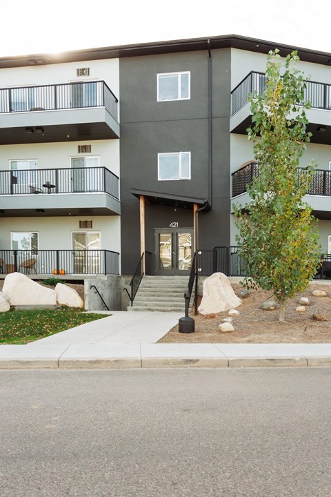 A modern apartment building with a tree in front.