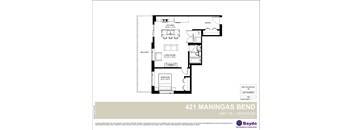 A floor plan for apartment 421 Maningas Bend shows a living room, kitchen, balcony, and bedroom.