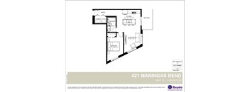 A floor plan for apartment 421 Maningas Bend shows a living room, a kitchen, a bathroom, and a laundry area.