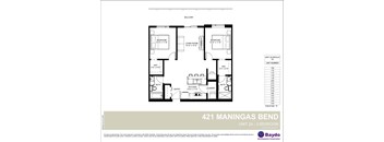 A floor plan for apartment 2a-2b at 421 Maningas Bend shows two bedrooms and a balcony.