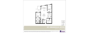 A floor plan for apartment 421 Maningas Bend shows a living room, dining room, kitchen, two bedrooms, a bathroom, and an entry.