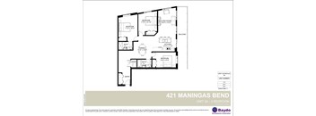 A floor plan for a 3 bedroom unit at 421 Maningas Bend shows a living room, two bedrooms, a dining room, a kitchen, a laundry room, and a bathroom.