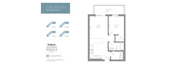 A floor plan for a 1 bedroom apartment with Brighton Village Rentals.