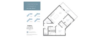 A floor plan for a 2 bedroom corner apartment with a living area, kitchen, and two bathrooms.