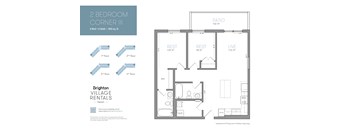 A floor plan for a 2 bedroom corner unit with a detailed layout of the rooms.