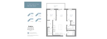 A floor plan for a 2 bedroom apartment with a living room, kitchen, and bathroom.